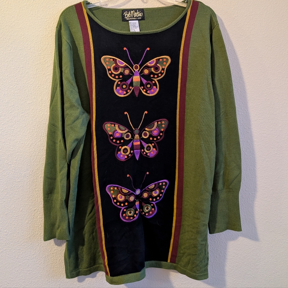 Bob Mackie Wearable Art Olive Green and Black Butterfly Top Size 1x